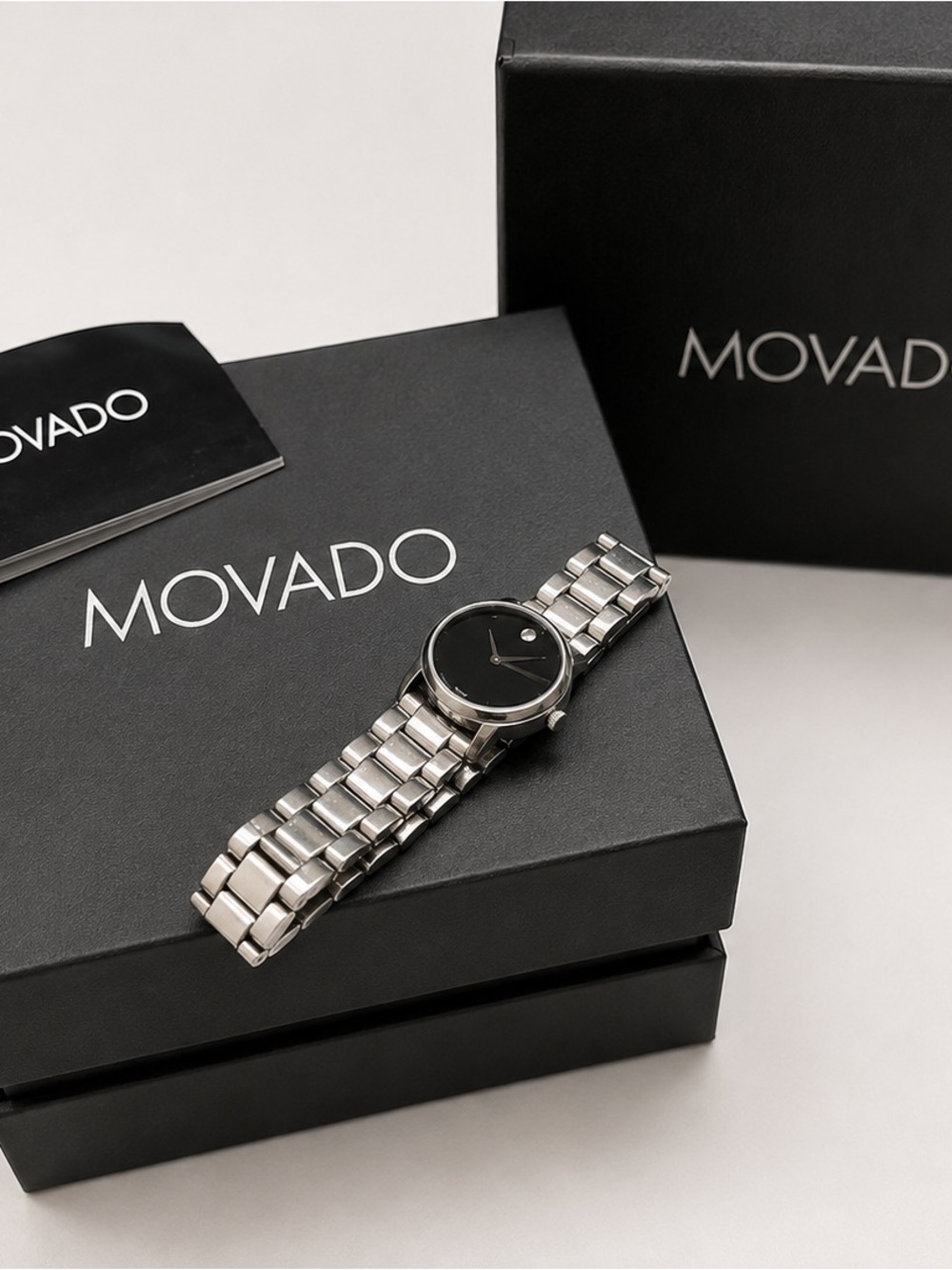 Movado Silver Bracelet Watch with Black Dial